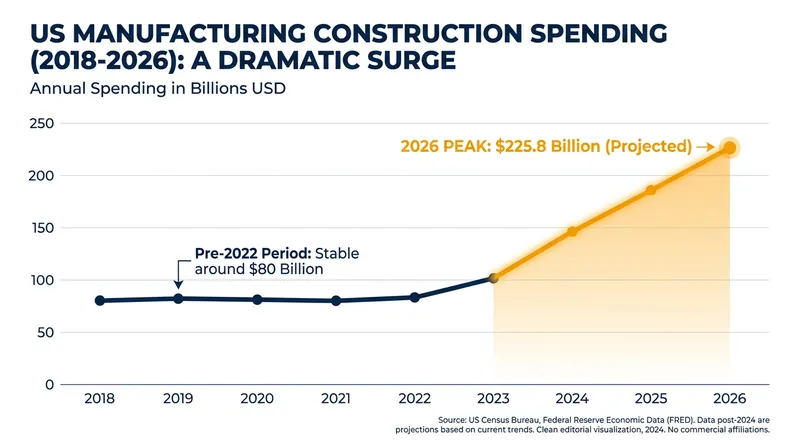 Federal Reserve data shows an unprecedented peacetime surge in factory construction spending.