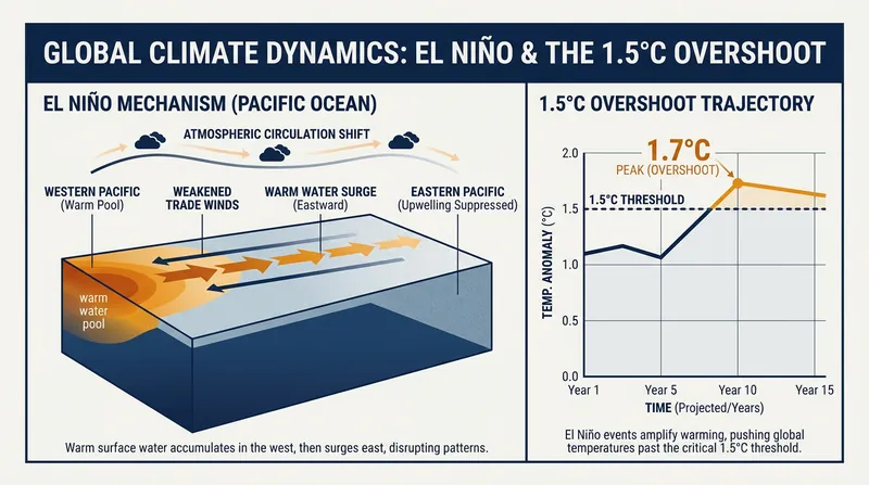 How El Niño's warm water shift compounds the projected 1.7°C global temperature overshoot.