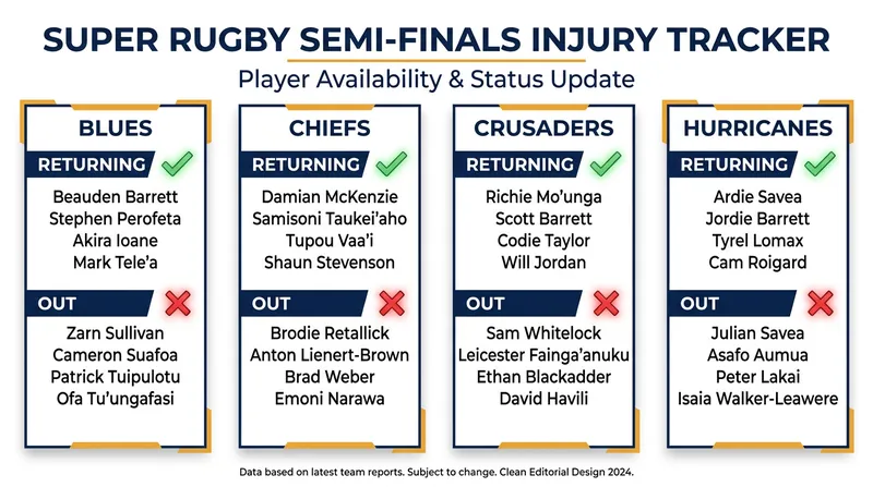 Key returns and absences for the four remaining Super Rugby Pacific franchises.