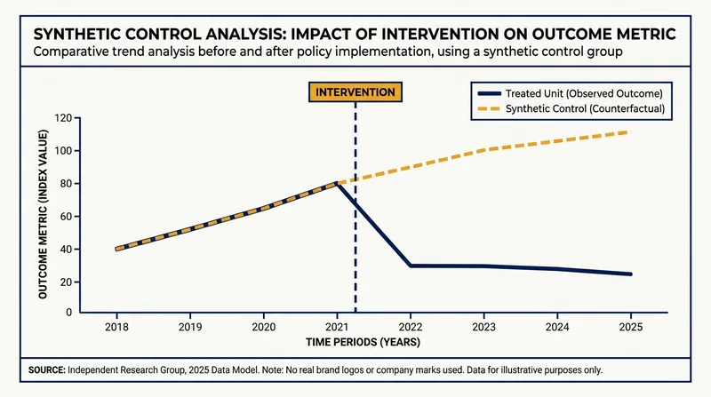 The Synthetic Control Method builds a data-driven counterfactual, allowing analysts to see what would have happened without the intervention.