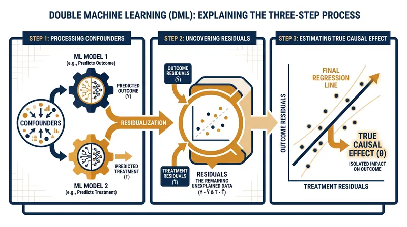 Double Machine Learning uses flexible algorithms to filter out noise, leaving a clean dataset for causal estimation.