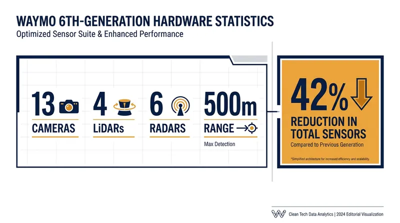 Waymo's 6th-generation sensor suite achieves greater range with significantly fewer components.