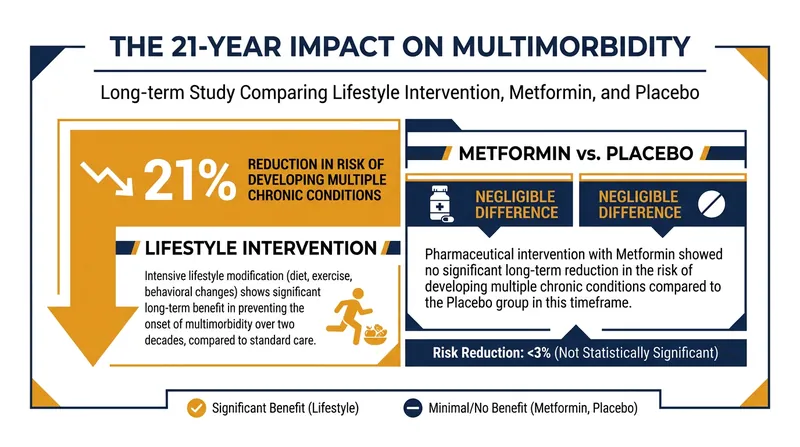 Over two decades, intensive lifestyle changes significantly reduced the risk of developing multiple chronic conditions, while metformin did not.