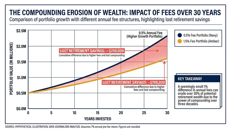 A seemingly small 1% difference in fees can cost an investor hundreds of thousands of dollars over a lifetime.
