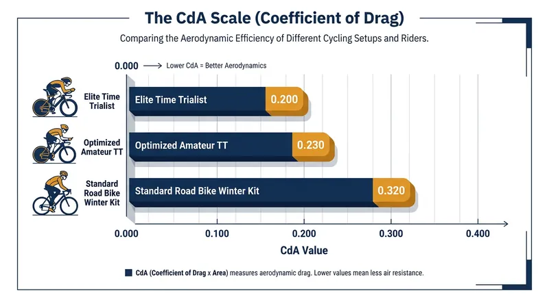 A lower CdA means less wind resistance. Professional time trialists aim to push their CdA below 0.200.