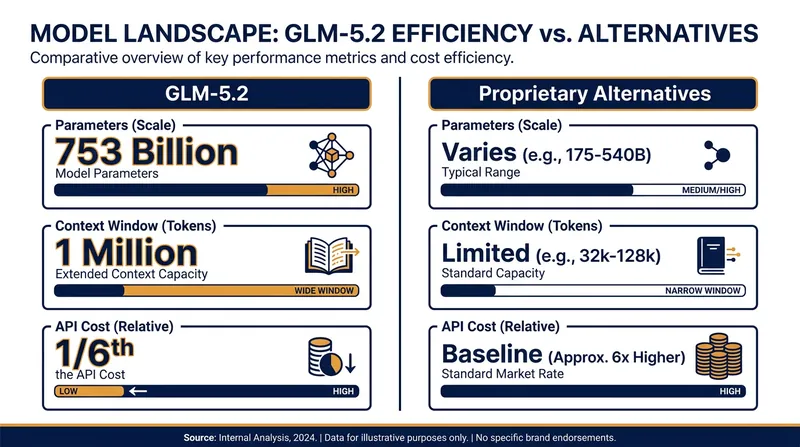 GLM-5.2 offers massive scale and context at a fraction of the cost of closed-source competitors.