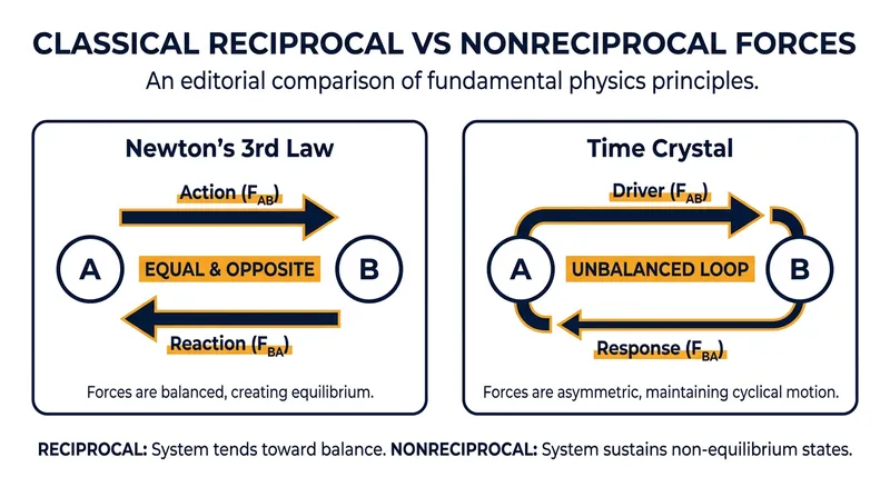 By breaking the symmetry of action and reaction, time crystals maintain a continuous, self-sustaining rhythm.