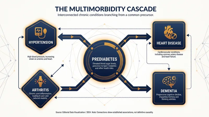 Prediabetes acts as a gateway condition, increasing systemic inflammation that drives other chronic diseases.
