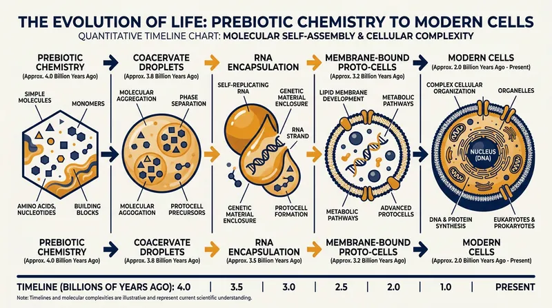 Scientists hypothesize that membraneless coacervate droplets acted as the first protocells before the evolution of complex lipid membranes.
