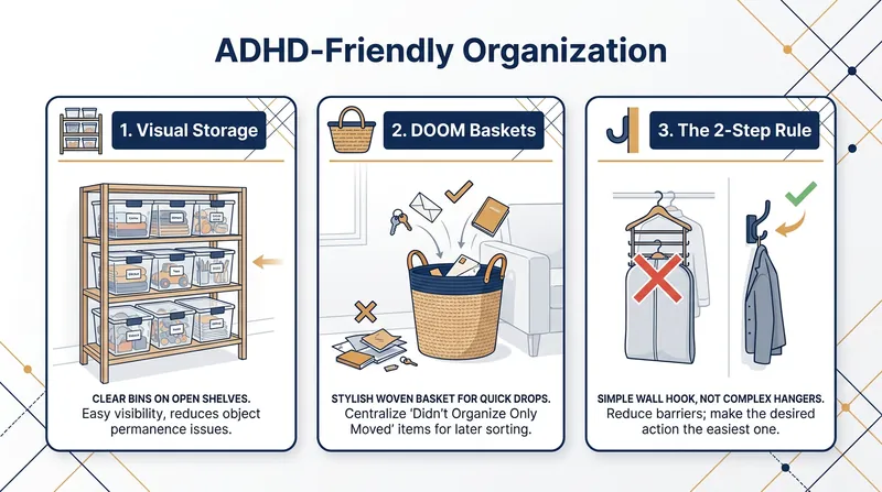 Neurodivergent organization prioritizes visibility and low-friction habits over hiding items away.