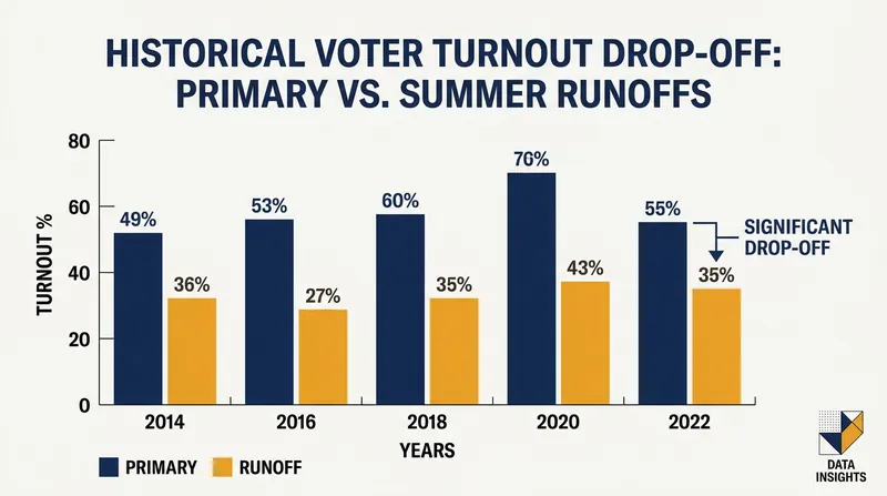 Summer runoffs typically see a significant drop in voter turnout compared to initial primaries.