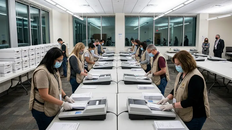 Election workers prepare to tabulate results as polls close.