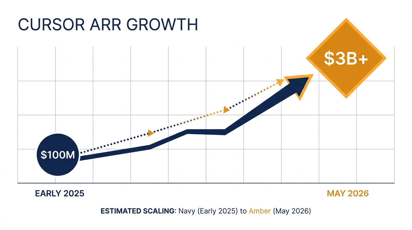 Cursor experienced unprecedented revenue growth, scaling to over $3 billion ARR by mid-2026.