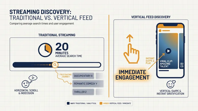 Vertical video feeds aim to eliminate the 20-minute average search time that plagued streaming platforms in 2025.