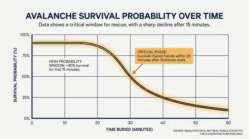 Survival rates for buried avalanche victims plummet rapidly after 15 to 20 minutes due to asphyxiation.