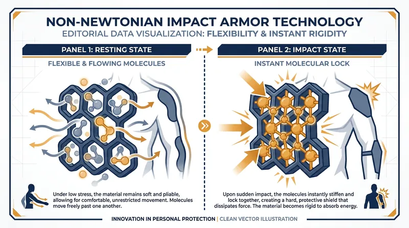 Non-Newtonian materials like D3O remain soft and pliable during normal movement but harden instantly upon impact to dissipate kinetic energy.