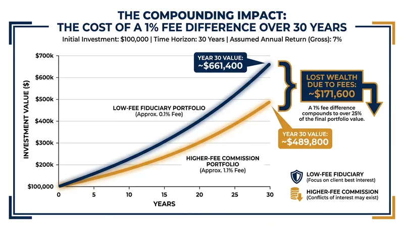 Over a 30-year retirement horizon, a seemingly small 1% difference in fees can consume hundreds of thousands of dollars in potential wealth.