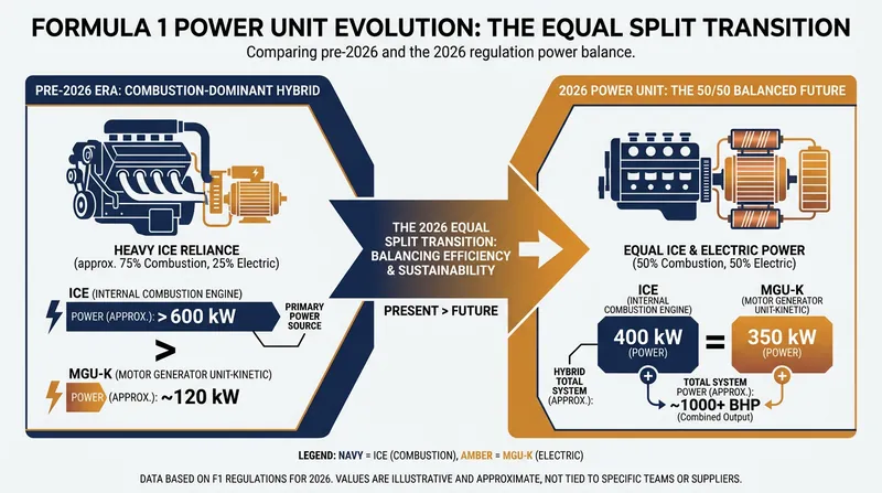 The 2026 power units will feature a roughly 50/50 split between combustion and electrical power.