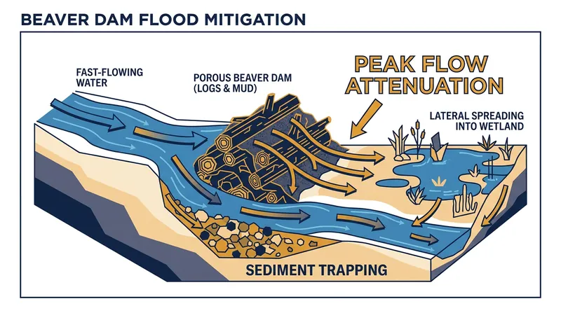 How beaver dams slow water velocity and reduce downstream flood peaks.