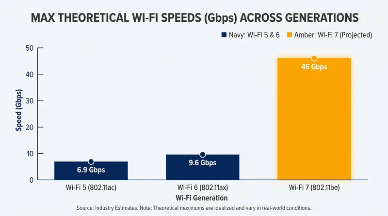 Wi-Fi 7 offers a massive leap in theoretical throughput, though real-world speeds depend heavily on internet service plans.