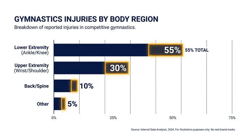 Lower extremity injuries account for the majority of severe traumas in competitive gymnastics.