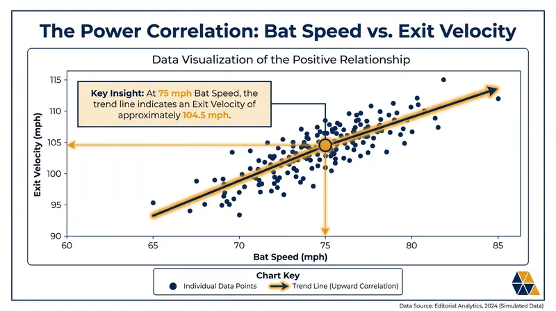 Higher bat speeds raise the floor for exit velocity, with a 75 mph swing projecting a 104.5 mph exit velocity on contact.