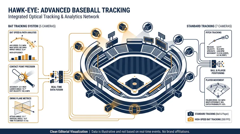 MLB ballparks utilize 12 Hawk-Eye cameras, including five high-frame-rate lenses dedicated to tracking the pitch and bat.