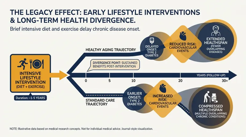 The 'legacy effect' demonstrates how early behavioral changes continue to protect the body decades later.