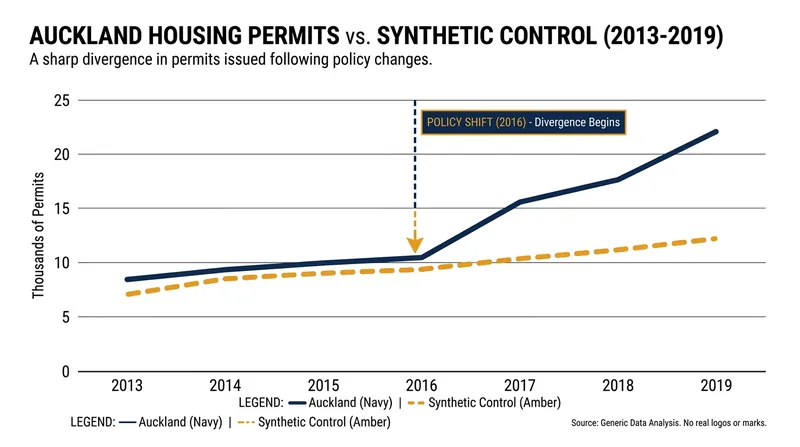 Auckland's 2016 zoning reform resulted in a massive divergence in housing permits compared to control cities.