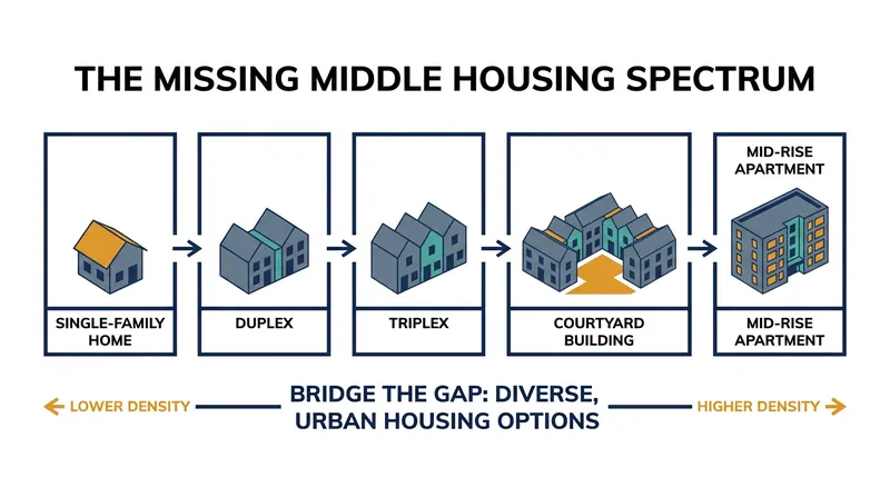 The Missing Middle refers to multi-unit housing types that fall between detached homes and high-rise towers.