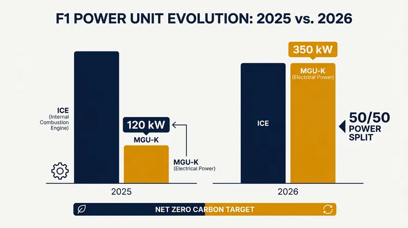 Electrical power output nearly tripled in 2026 to achieve a 50/50 hybrid split.