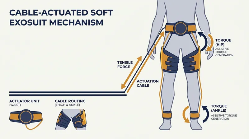Cable-actuated suits use lightweight waist-mounted motors to pull inextensible webbing, assisting the natural push-off of the leg muscles.