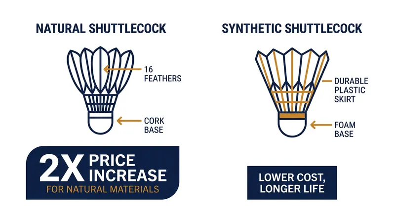 Traditional shuttlecocks require exactly 16 feathers, a supply chain vulnerability that has driven prices up twofold.