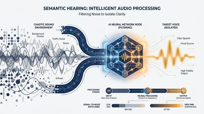 Semantic hearing models use neural networks to identify turn-taking patterns, isolating specific voices from background clatter.