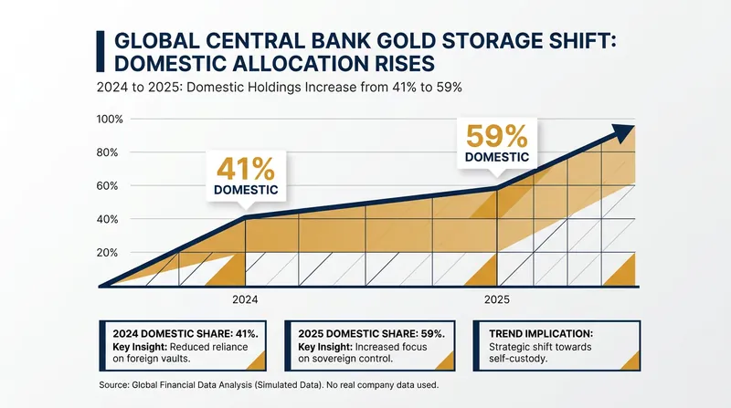 The percentage of central banks storing gold domestically has risen sharply as geopolitical anxieties grow.