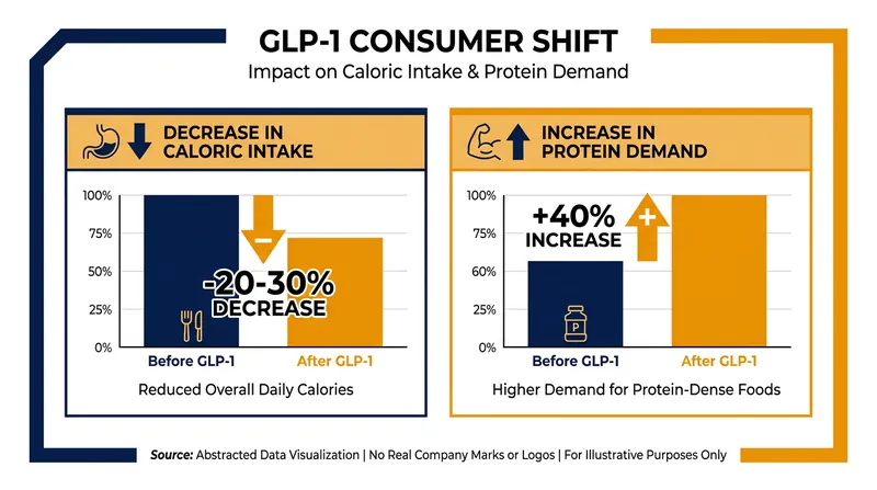 The medication fundamentally alters consumer demand, shrinking overall volume while spiking the need for protein.