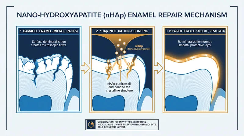 Nano-hydroxyapatite particles are chemically identical to natural enamel, allowing them to physically fill microscopic defects.