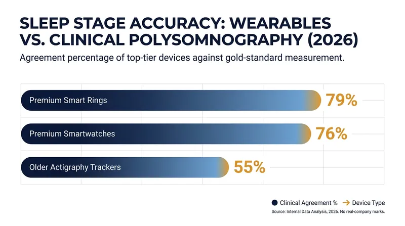 Modern photoplethysmography sensors have dramatically closed the accuracy gap with medical sleep lab equipment.