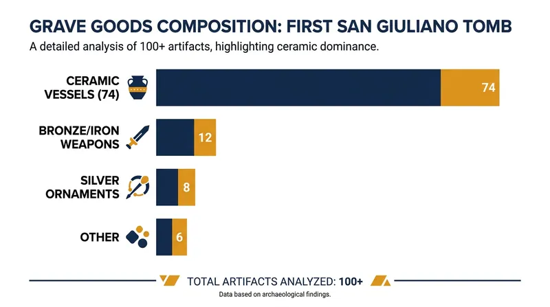 A breakdown of the artifacts recovered from the first intact tomb, dominated by ceramic banqueting vessels.