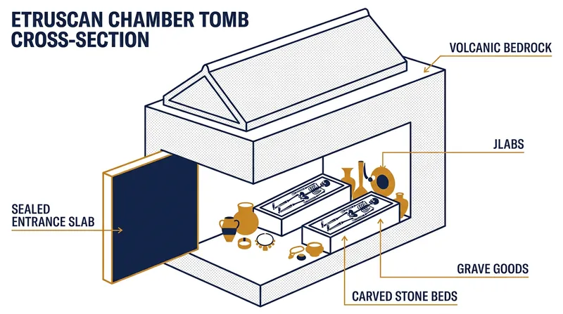 Cross-section of the San Giuliano tomb, illustrating how the Etruscans carved burial chambers to resemble domestic houses.