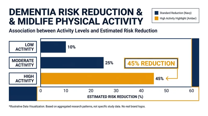 High levels of physical activity during midlife are associated with a 45% reduction in dementia risk.