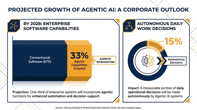 Enterprise adoption of agentic AI is expected to surge, handling a significant portion of daily decision-making by 2028.