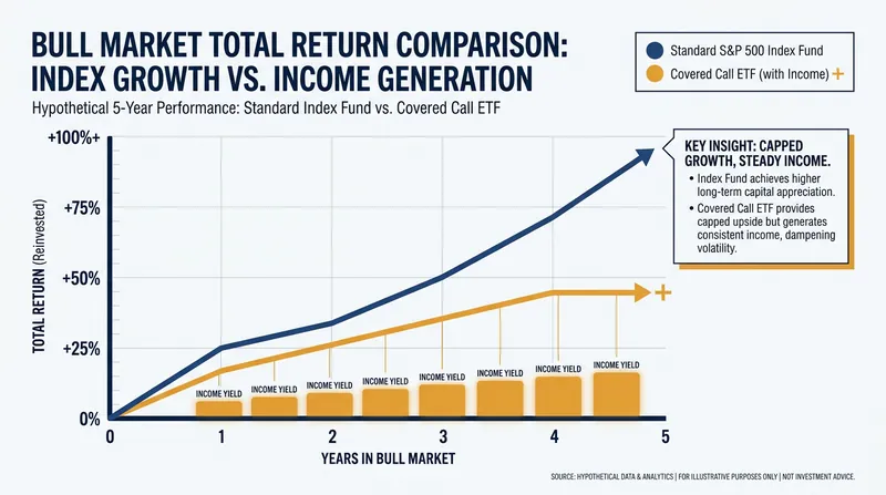 Covered call strategies cap upside potential during strong bull markets.