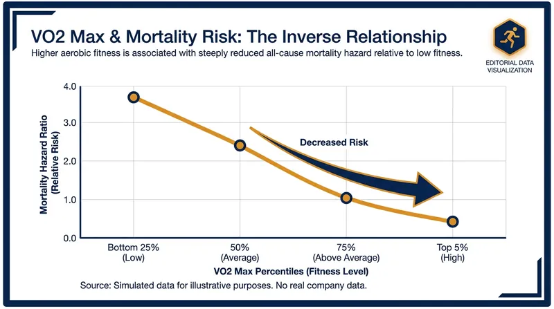 Moving from the bottom 25th percentile of fitness to the 50th percentile cuts all-cause mortality risk by roughly half.