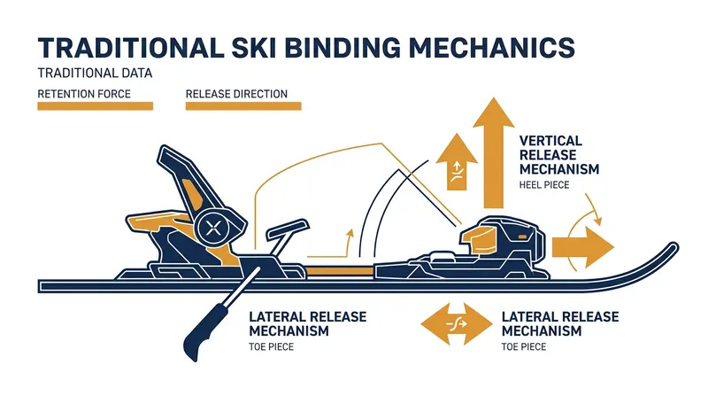 Traditional bindings release laterally at the toe and vertically at the heel, protecting lower leg bones but leaving ligaments vulnerable.