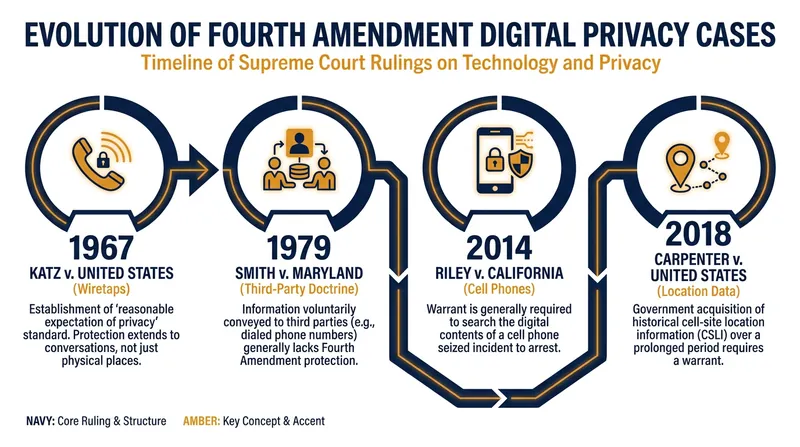 Key Supreme Court decisions shaping the modern interpretation of the Fourth Amendment.