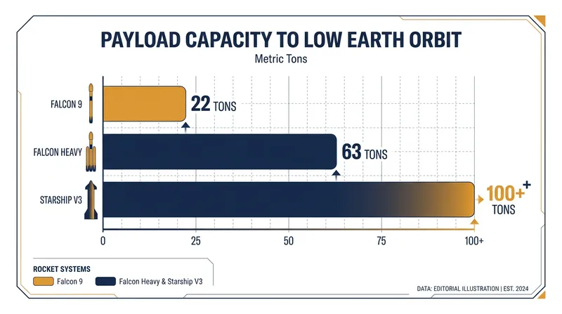 Starship V3's payload capacity dwarfs existing commercial launch vehicles.