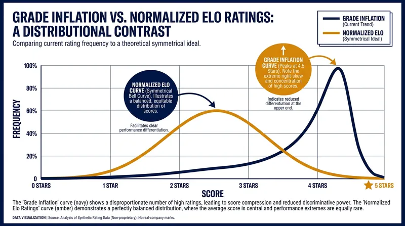 Absolute 5-star systems often suffer from grade inflation, compressing useful data into the top fraction of the scale.