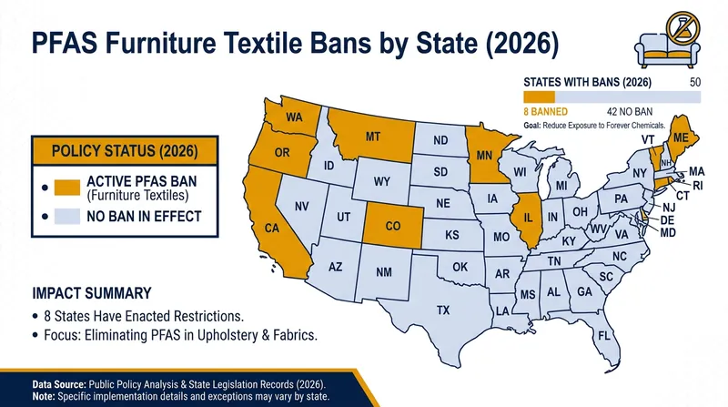 The regulatory landscape: States with active bans on intentionally added PFAS in consumer textiles as of 2026.