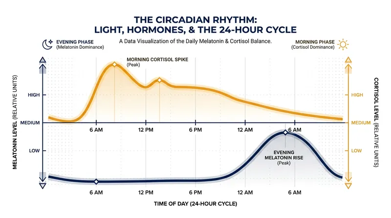 The circadian rhythm dictates the inverse relationship between morning cortisol and evening melatonin.